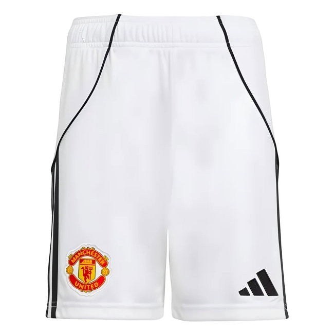 GOATkitz Manchester United 2025-26 kids white football shorts with black trim and embroidered crest.