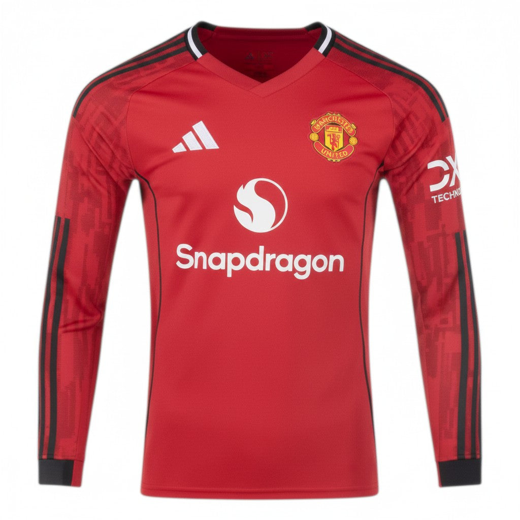 GOATkitz Manchester United 2025-26 adult home long sleeve jersey in red with white Snapdragon logo and Adidas stripes.