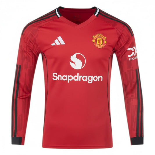 GOATkitz Manchester United 2025-26 adult home long sleeve jersey in red with white Snapdragon logo and Adidas stripes.