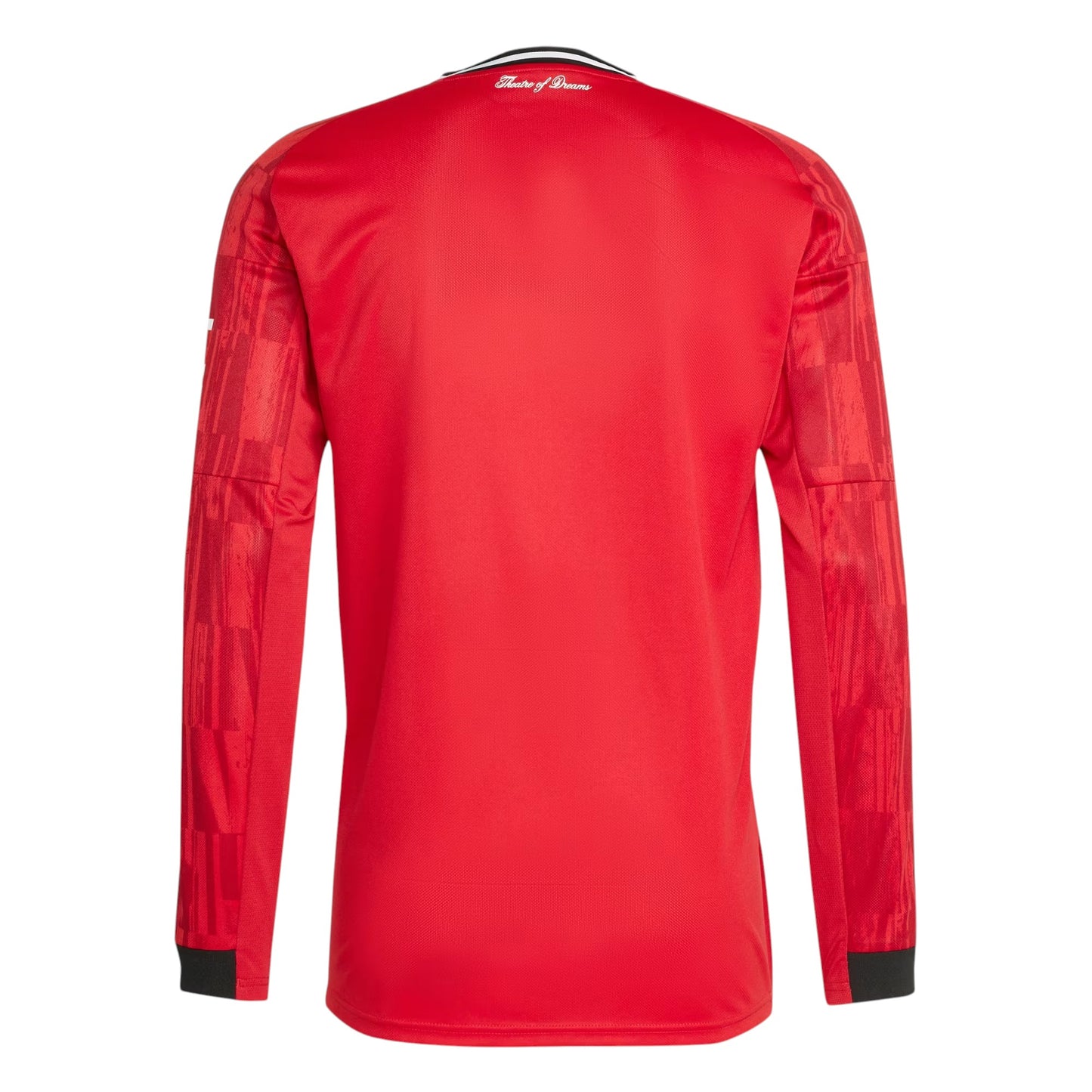 GOATkitz Manchester United 2025-26 red long sleeve fan jersey with black cuffs and collar detail. Features subtle graphic pattern on sleeves.