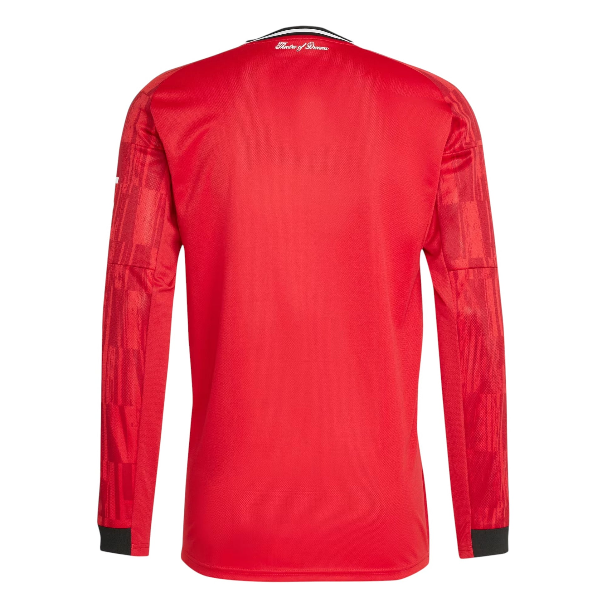 GOATkitz Manchester United 2025-26 red long sleeve fan jersey with black cuffs and collar detail. Features subtle graphic pattern on sleeves.