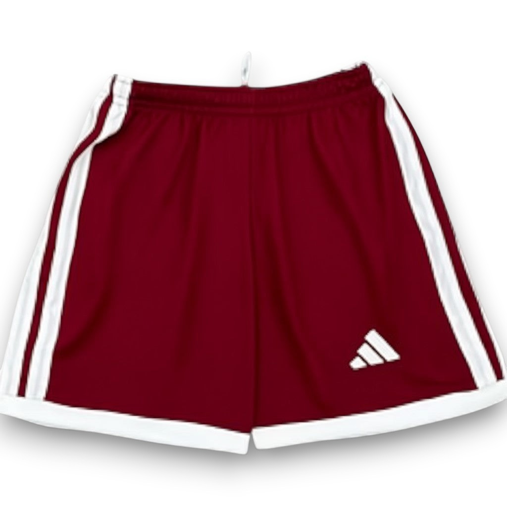 GOATkitz maroon soccer shorts with white trim and side stripes, featuring a white Adidas logo.