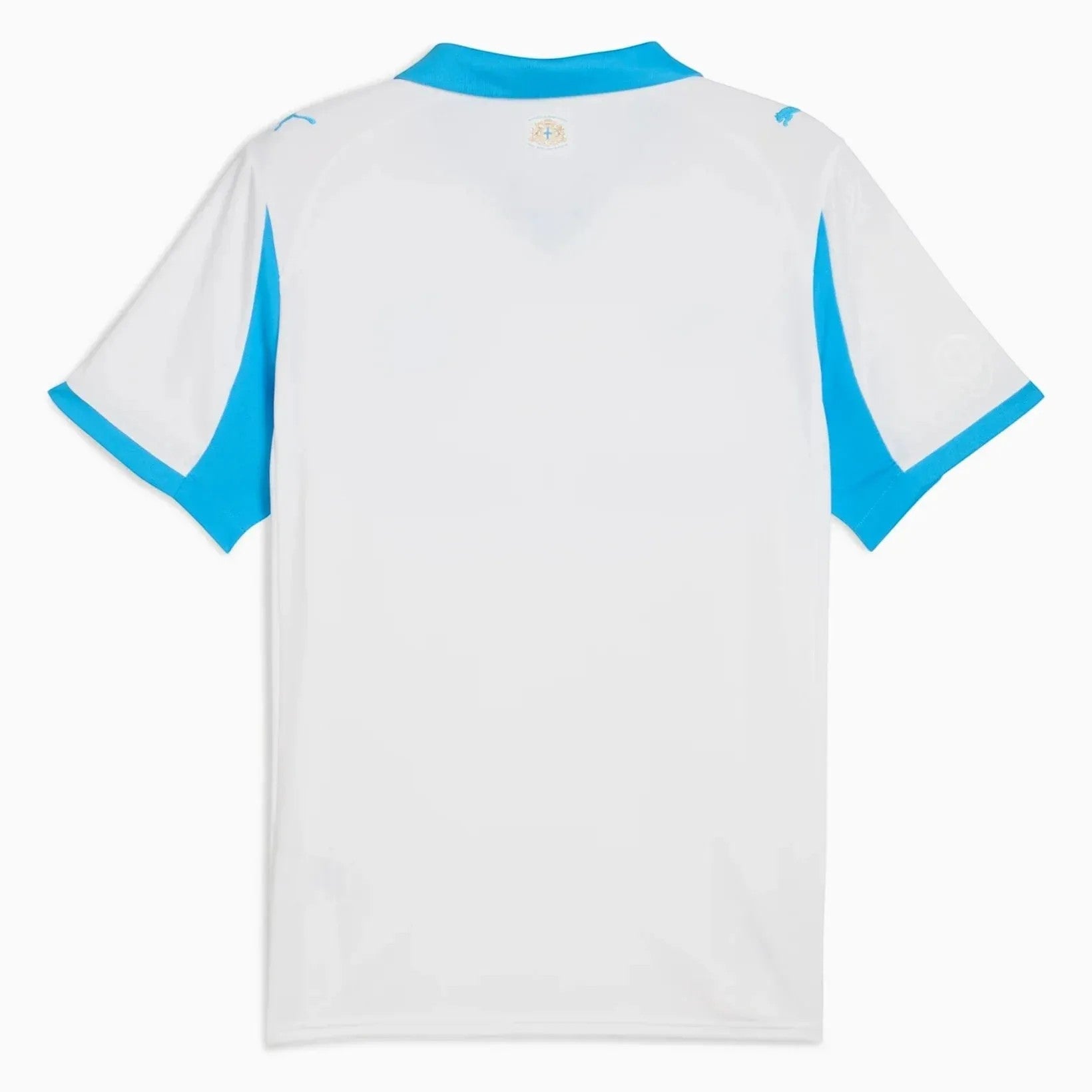 GOATkitz Olympique de Marseille 2025-26 kids home jersey, white with blue accents on sleeves and collar, customisable.