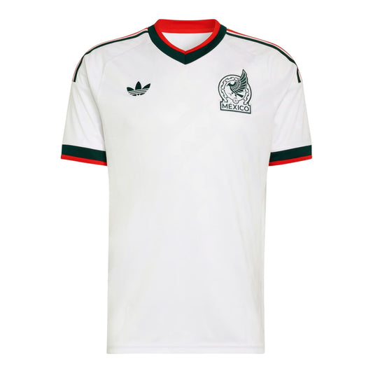 GOATkitz Mexico 2026 white adult away jersey with green and red trim on collar and sleeves. Features Adidas logo and Mexico crest.