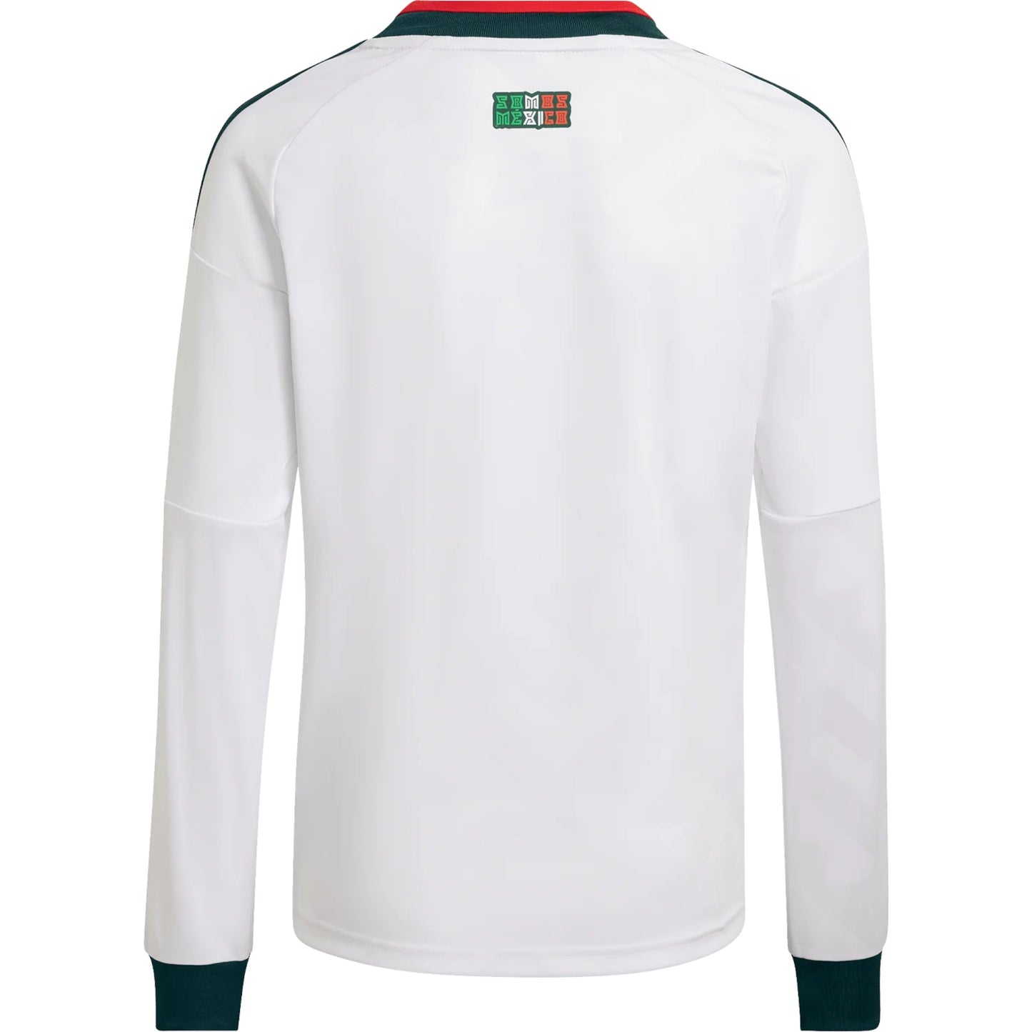 GOATkitz Mexico 2026 adult away long sleeve jersey in white with green and red trim. Customizable.