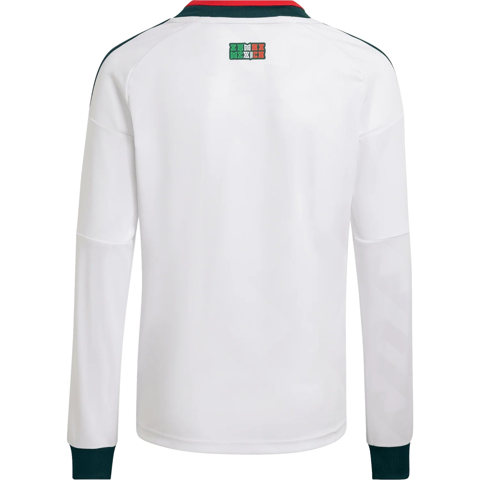 GOATkitz Mexico 2026 adult away long sleeve jersey in white with green and red trim. Customizable.