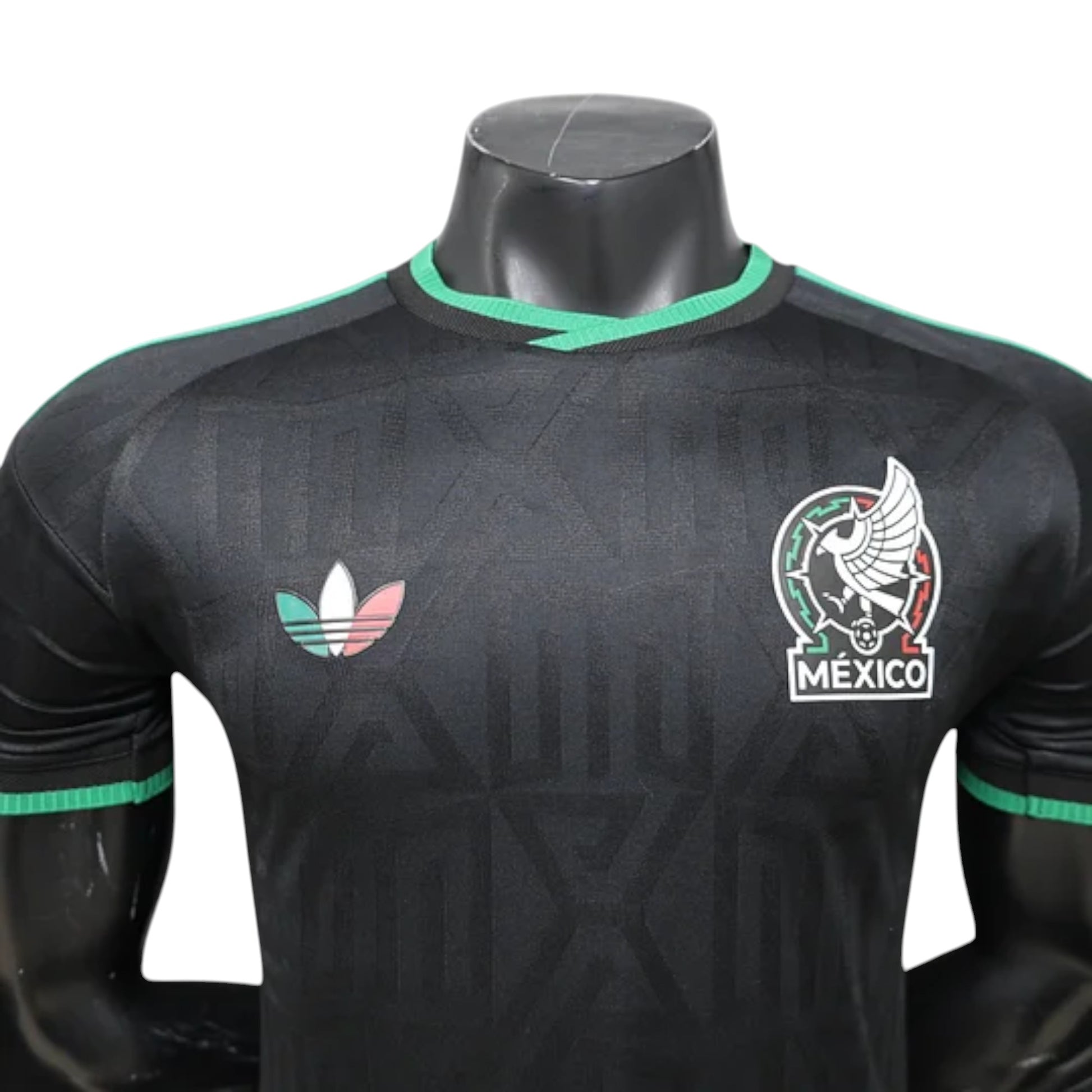 GOATkitz Mexico 2026 black player version soccer jersey with green trim and embroidered crest. Customizable.