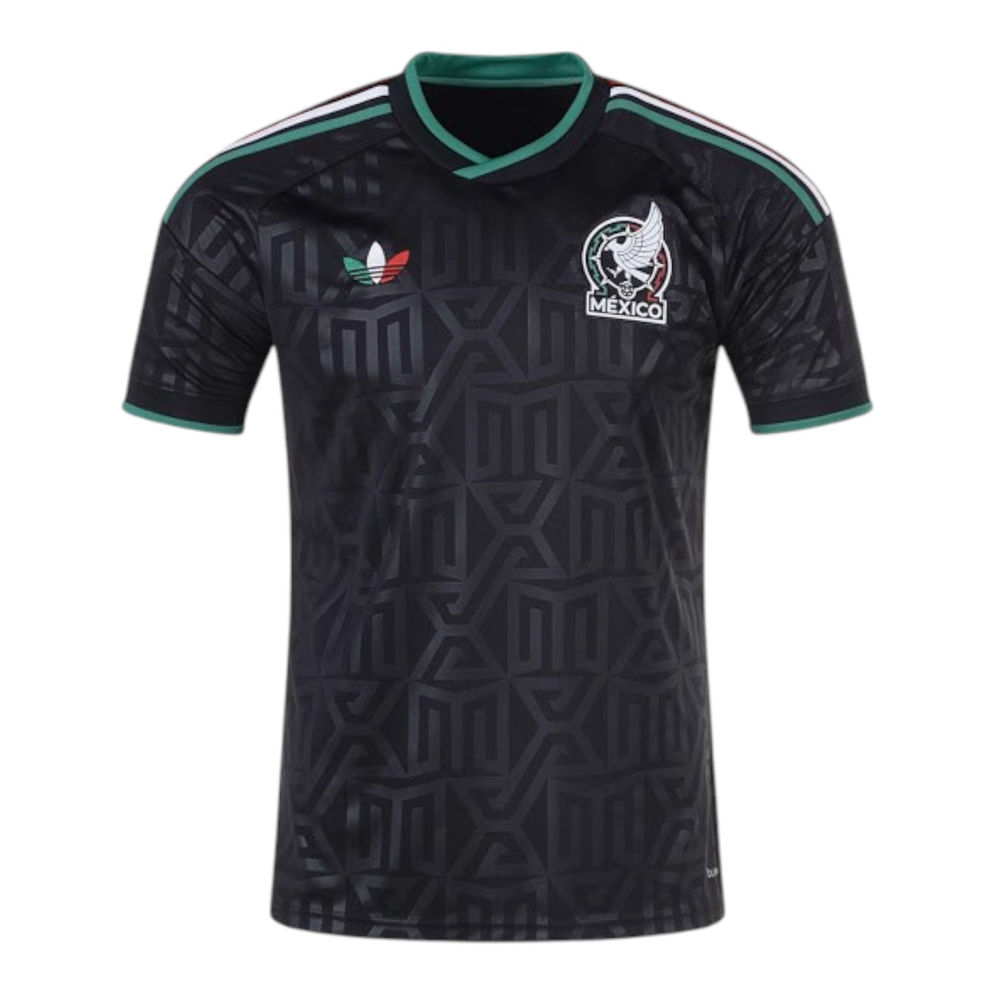 GOATkitz Mexico 2026 black soccer jersey with green and white trim, featuring a geometric pattern and the Mexico crest.