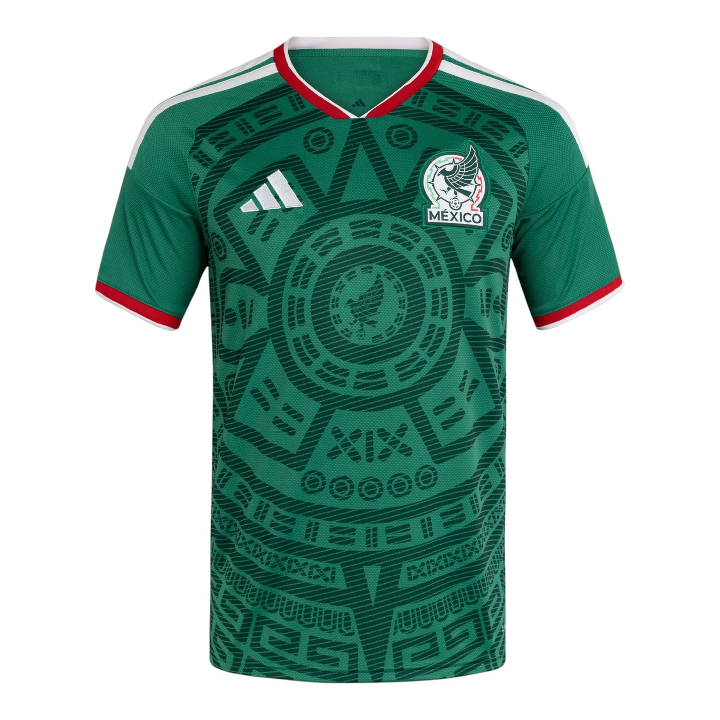 GOATkitz Mexico 2026 adult home jersey in green with Aztec-inspired pattern, white and red trim.