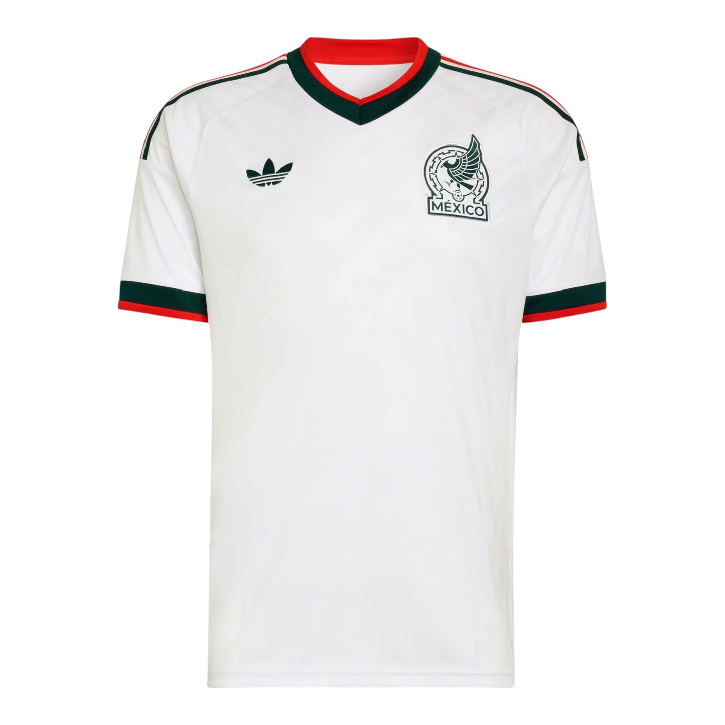 GOATkitz Mexico 2026 kids away jersey in white with green and red trim. Features the Mexico crest and Adidas logo.