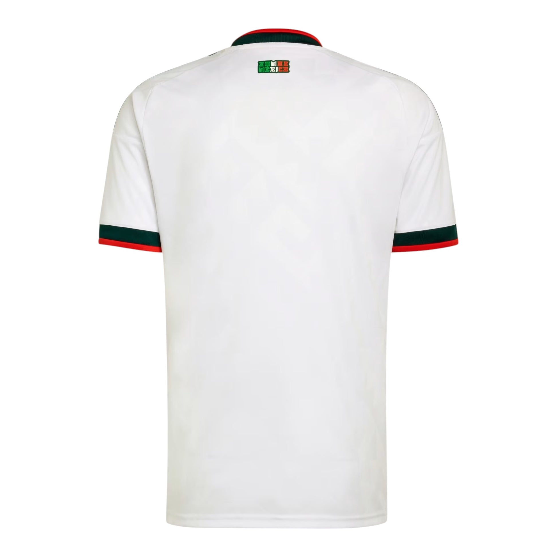 GOATkitz Mexico 2026 kids away jersey, white with green and red trim on collar and sleeves. Customizable.
