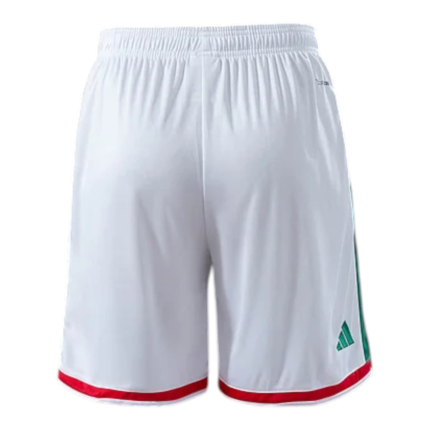 GOATkitz Mexico 2026 kids' white soccer shorts with green side stripes and red trim. Elastic waistband.