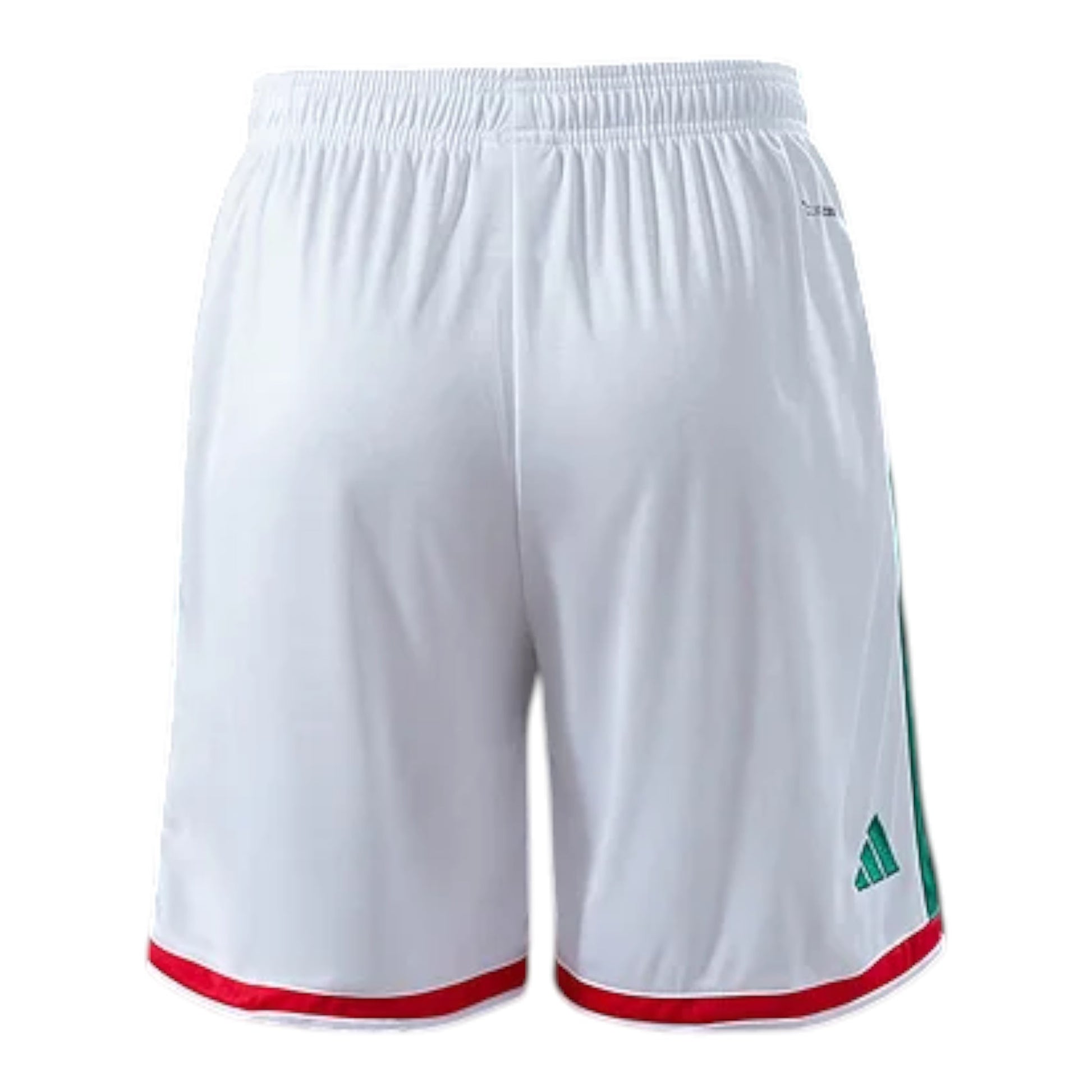 GOATkitz Mexico 2026 kids' white soccer shorts with green side stripes and red trim. Elastic waistband.