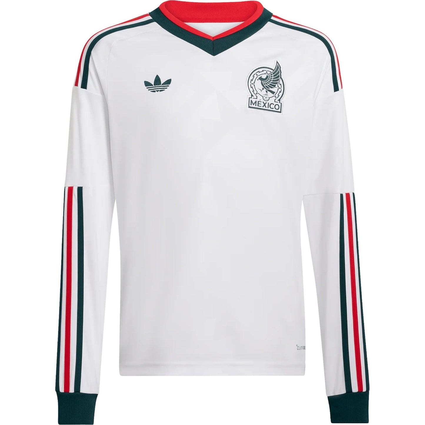 GOATkitz Mexico 2026 adult long sleeve away jersey in white with green and red accents on the sleeves and collar.