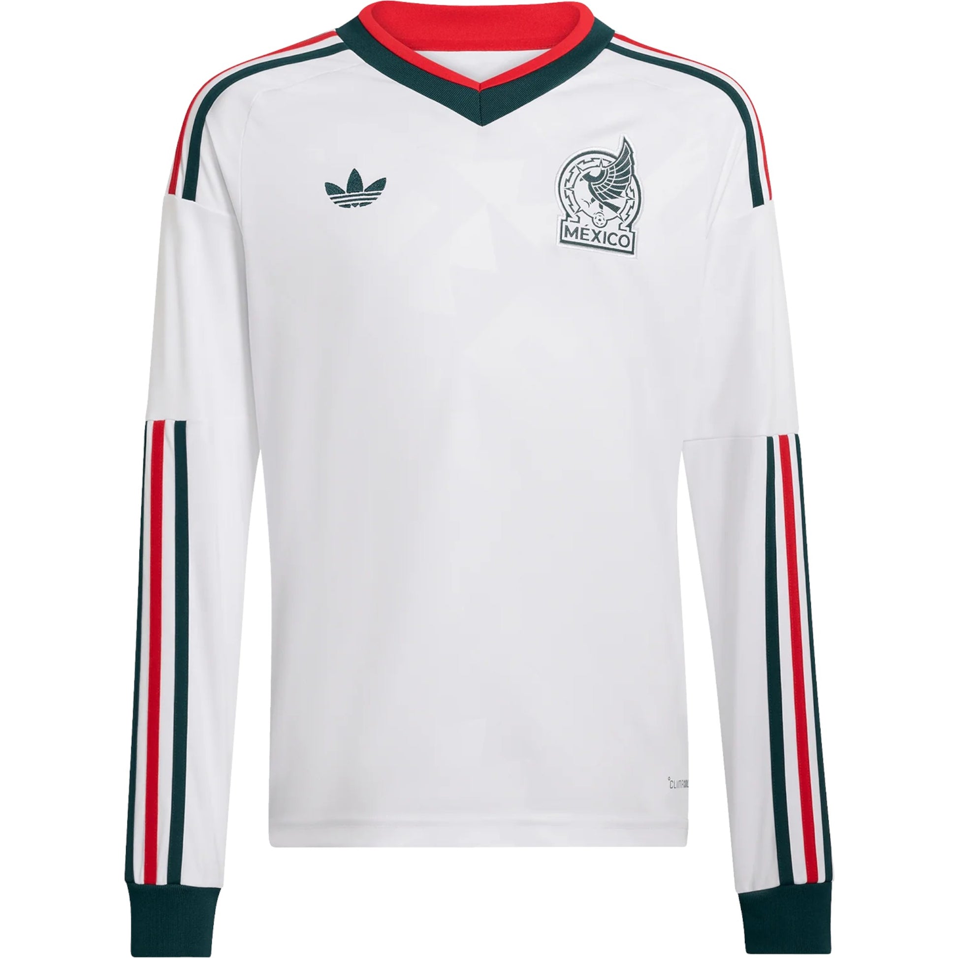 GOATkitz Mexico 2026 adult long sleeve away jersey in white with green and red accents on the sleeves and collar.