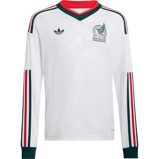 GOATkitz Mexico 2026 adult long sleeve away jersey in white with green and red accents on the sleeves and collar.