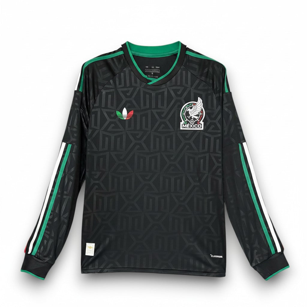 GOATkitz Mexico 2026 black long sleeve football jersey with green trim and white stripes on sleeves. Features embossed pattern and team crest.
