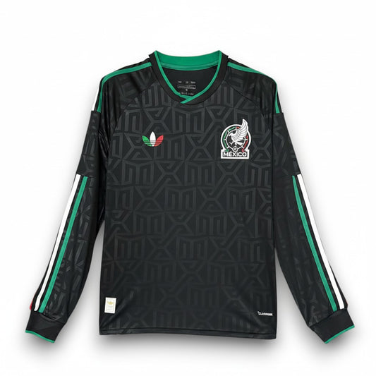 GOATkitz Mexico 2026 black long sleeve football jersey with green trim and white stripes on sleeves. Features embossed pattern and team crest.