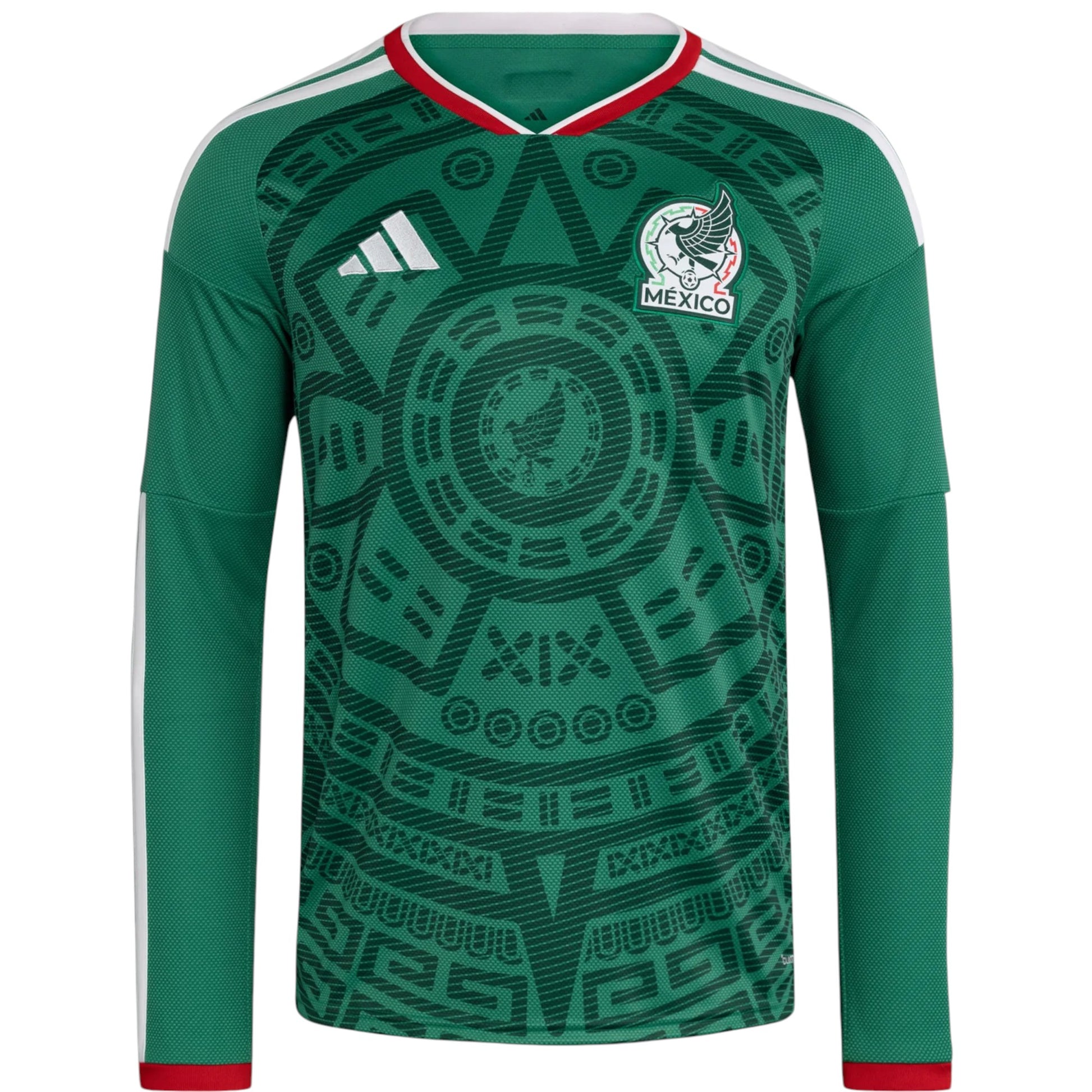 GOATkitz Mexico 2026 long sleeve adult home jersey in green with white and red trim. Features Aztec-inspired graphic pattern.
