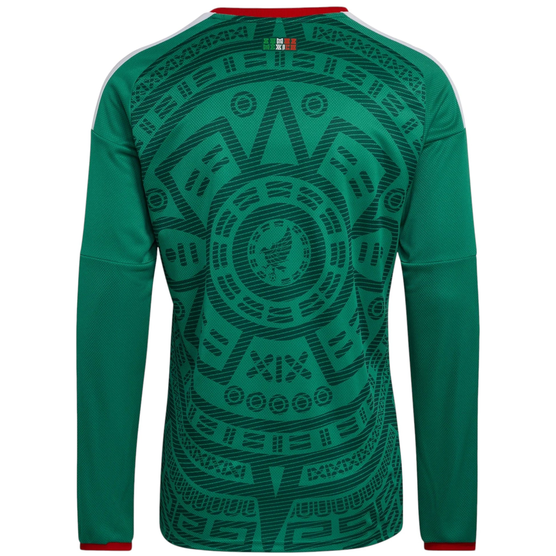 GOATkitz Mexico 2026 long sleeve adult home jersey in green with Aztec-inspired print and white stripes on sleeves.