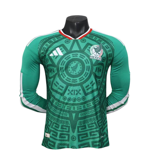 GOATkitz Mexico 2026 long sleeve player version home jersey in green with Aztec-inspired pattern and white Adidas stripes.