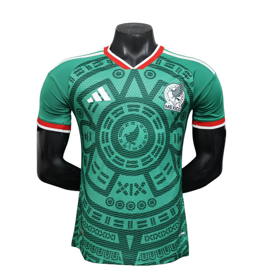 GOATkitz Mexico 2026 Player Version Home Jersey in green with Aztec-inspired pattern, white and red trim.