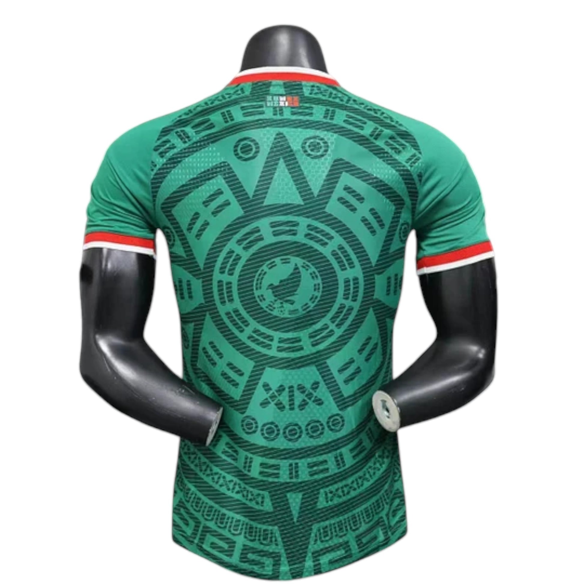 GOATkitz Mexico 2026 Player Version Home Jersey, green with Aztec-inspired pattern and red trim.