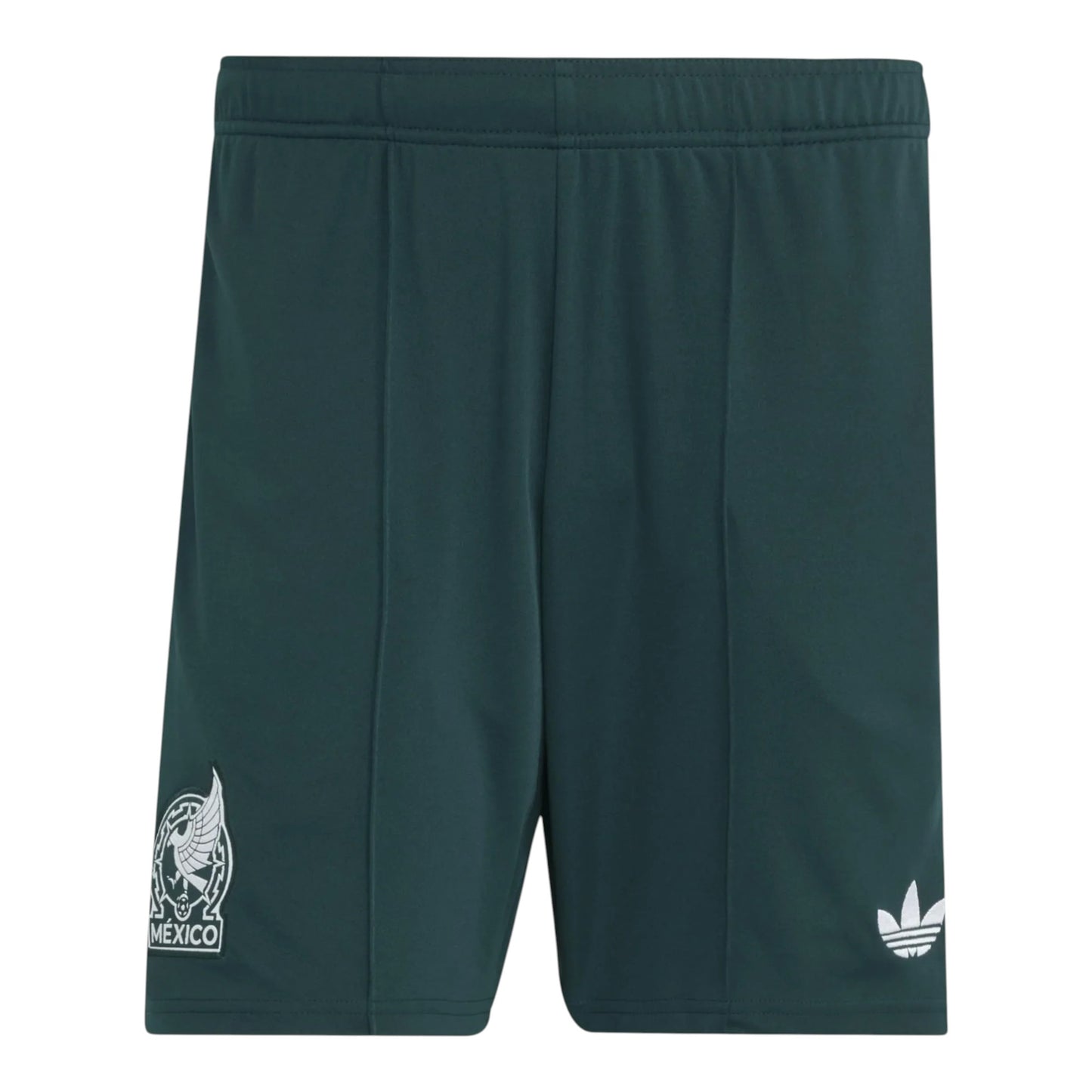 GOATkitz dark green kids' soccer shorts with Mexico crest and Adidas logo. Customizable.