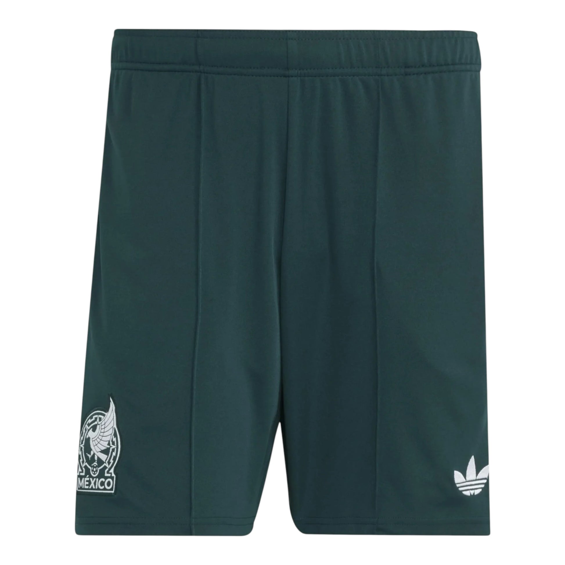 GOATkitz dark green kids' soccer shorts with Mexico crest and Adidas logo. Customizable.