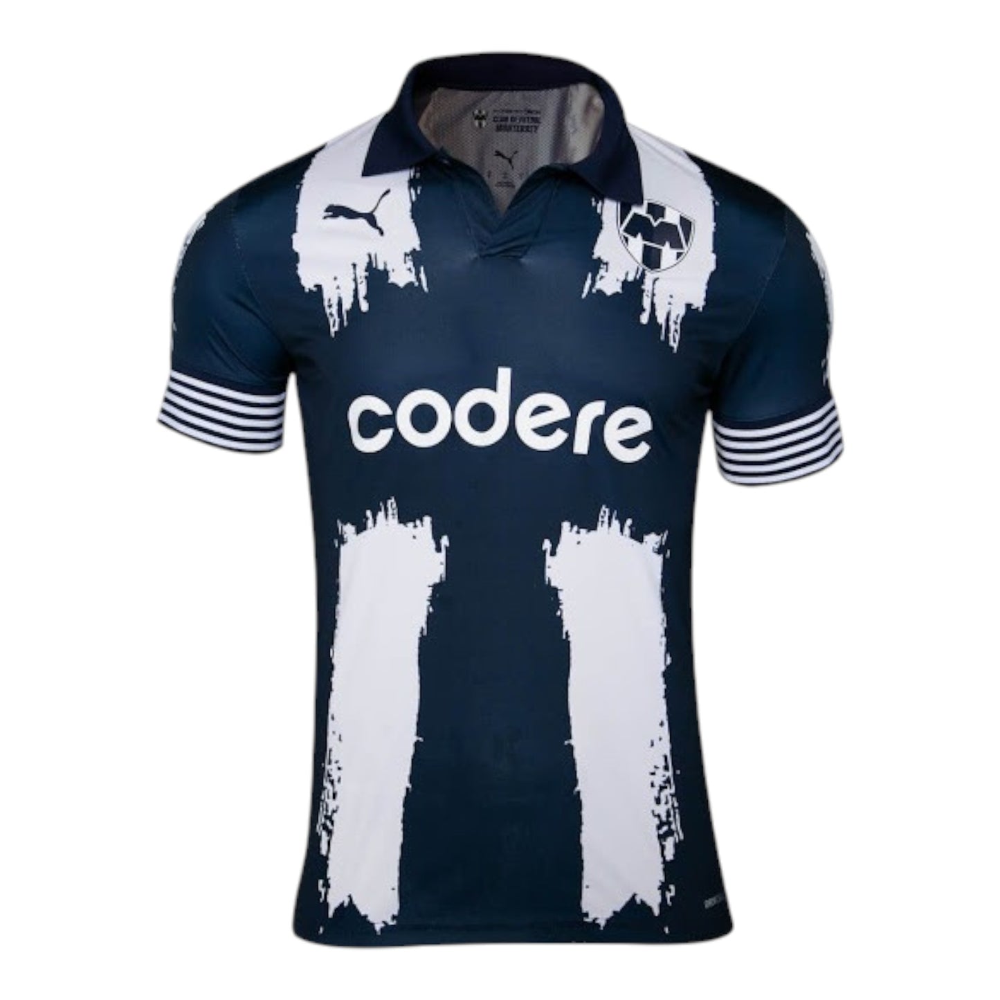 GOATkitz Monterrey 2025 Club World Cup home jersey, navy blue with white brushstroke details and striped cuffs.