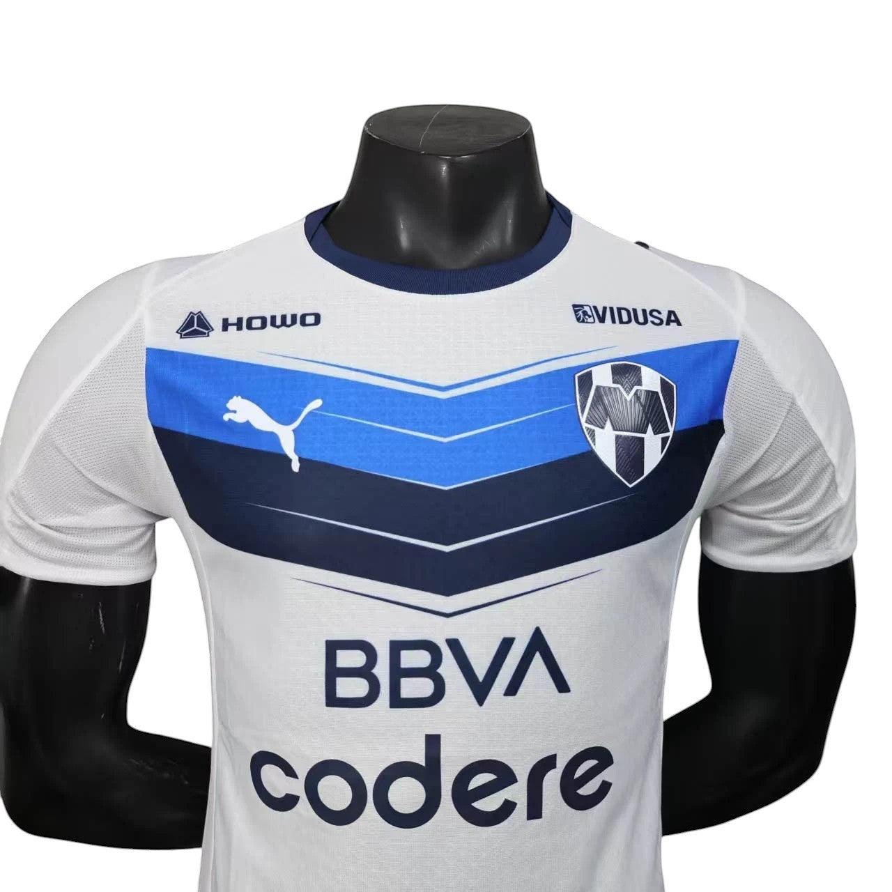 GOATkitz Monterrey 2025-26 player version away soccer jersey, white with blue and navy accents, customizable name and number.