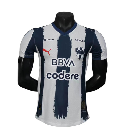 GOATkitz Monterrey 2025-26 Player Version Home Jersey: white with navy stripes, V-neck, Puma logo, BBVA Codere sponsor.