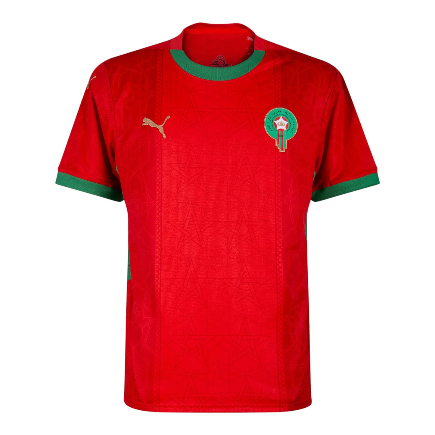 GOATkitz Morocco 2026 adult home jersey in red with green trim, featuring a subtle geometric pattern and the Moroccan crest.