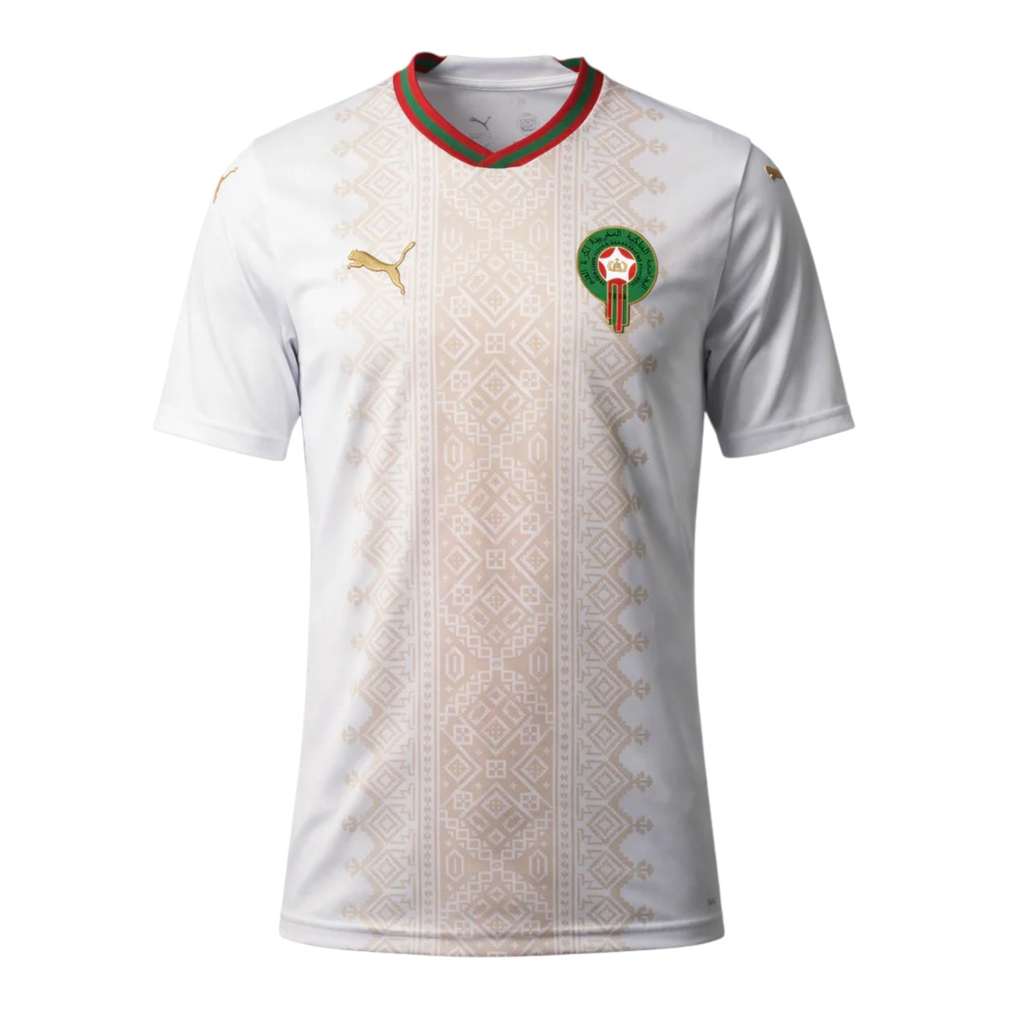 GOATkitz Morocco 2026 adult away jersey in white with gold Puma logo and Moroccan crest. Features a red and green striped collar and a beige geometric pattern down the front.