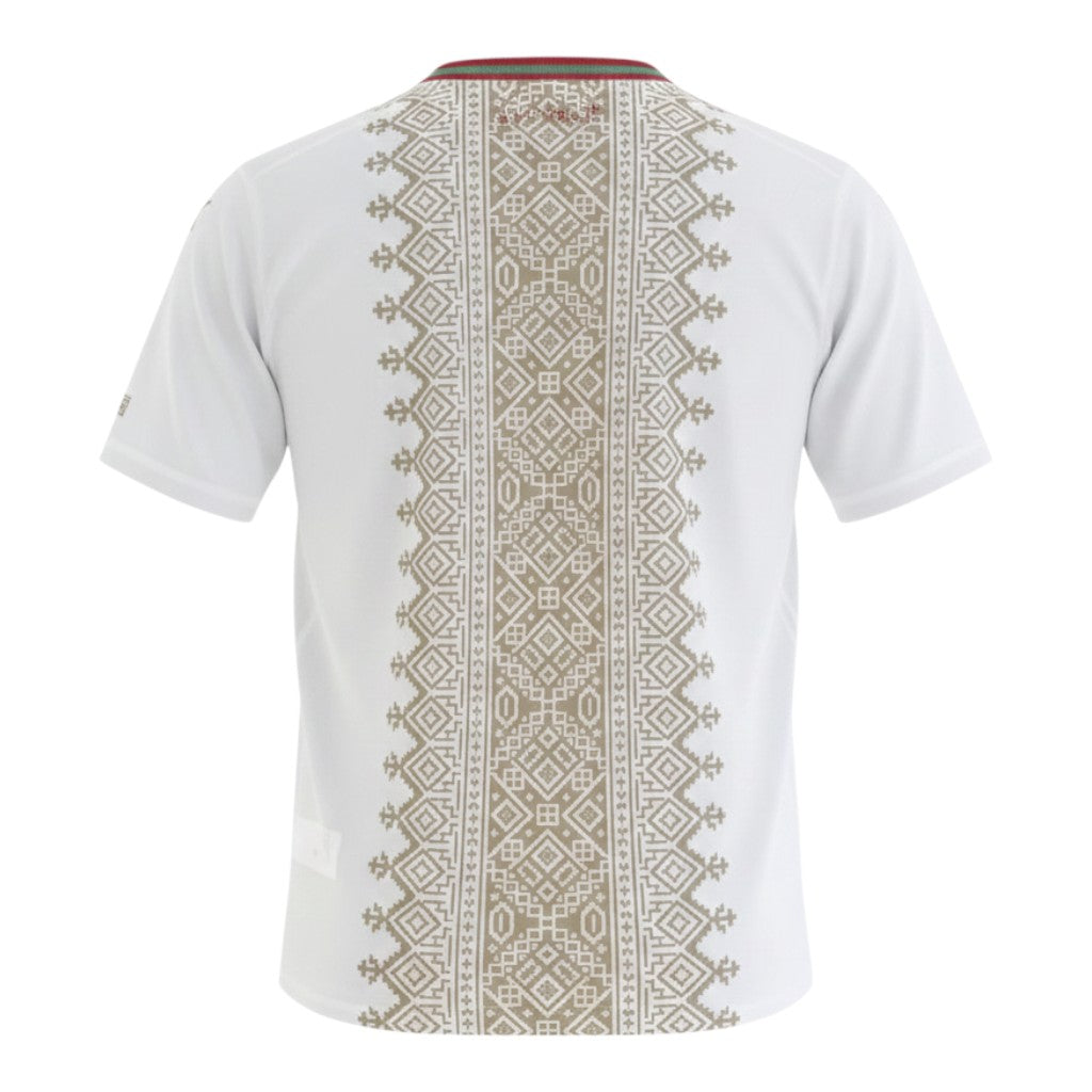 GOATkitz Morocco 2026 adult away jersey in white with gold geometric pattern down the back. Short sleeves and crew neck.