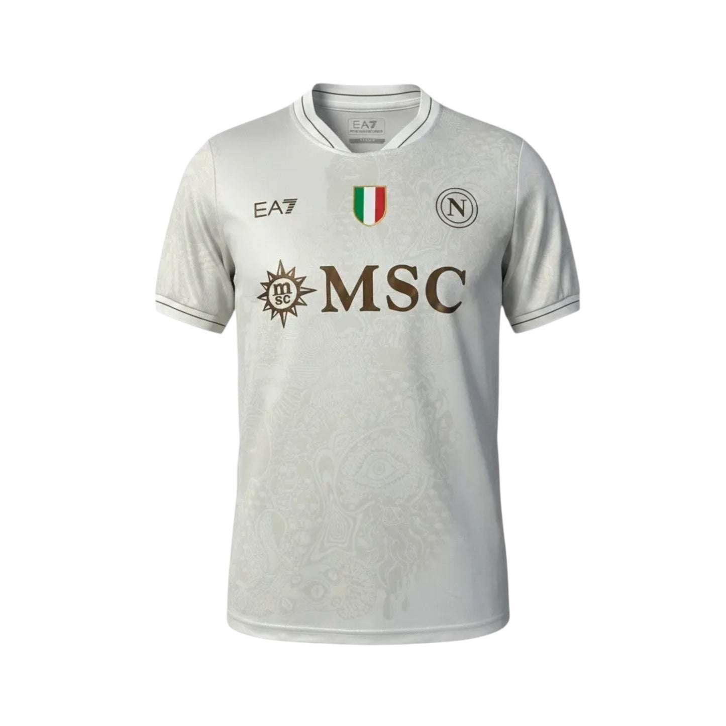 GOATkitz Napoli 2025-26 away jersey in off-white with subtle paisley pattern and brown MSC logo.