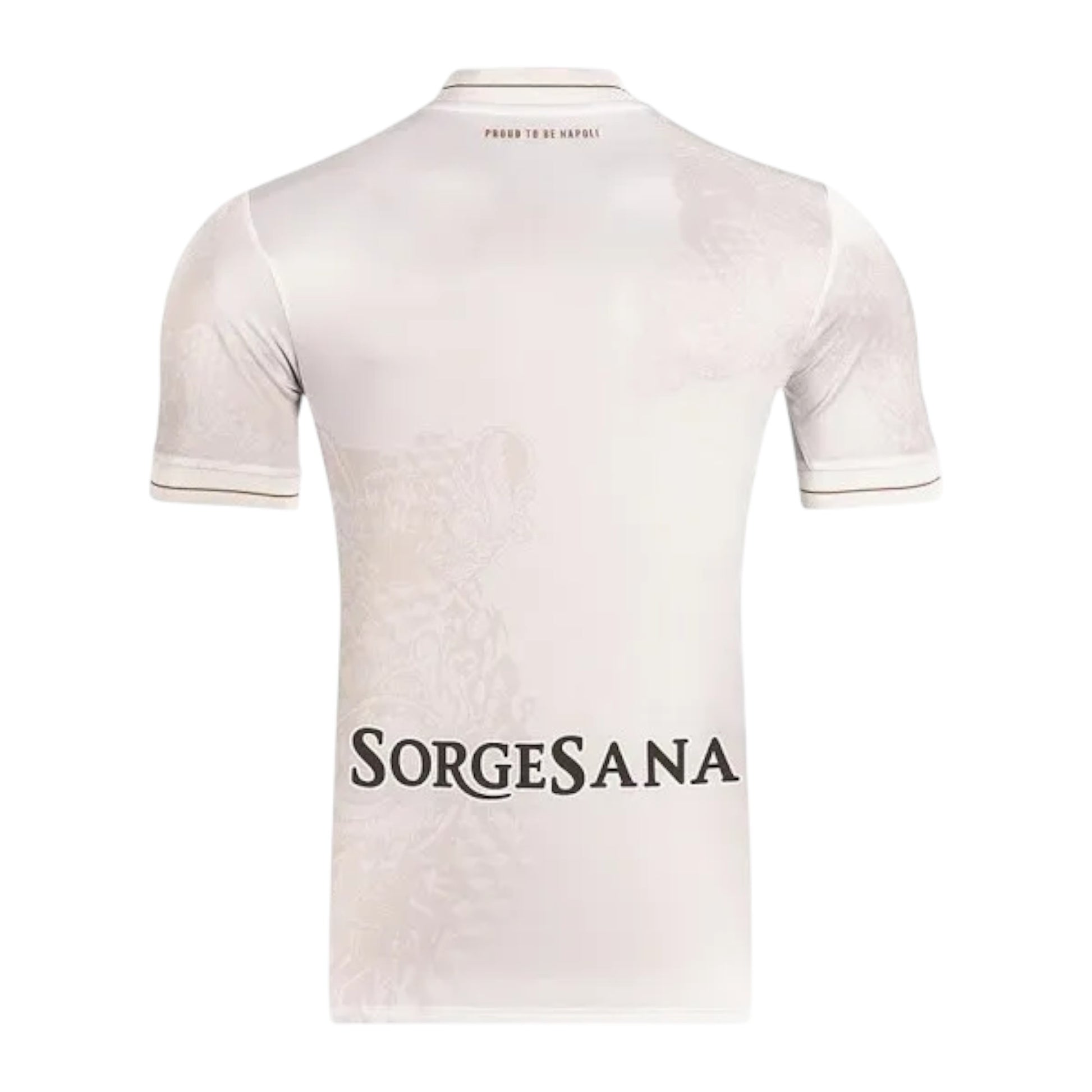 GOATkitz white Napoli 2025-26 away jersey with subtle embossed pattern and black 'Sorgesana' sponsor detail.