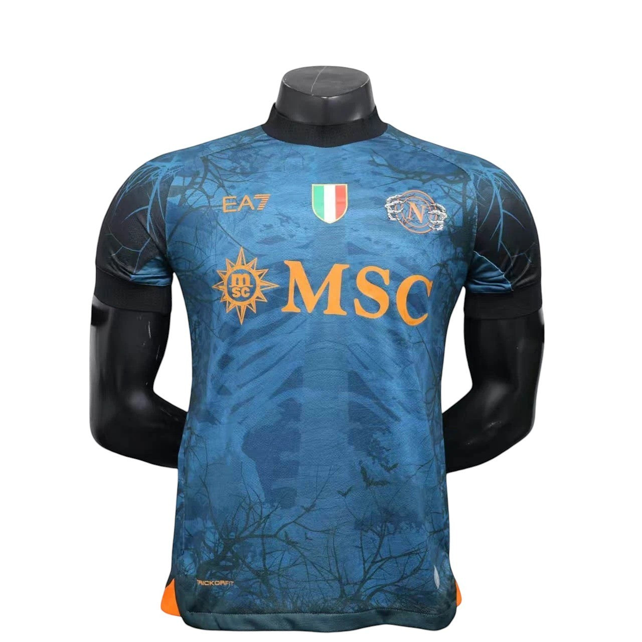 GOATkitz Napoli 2025-26 Player Version Halloween dark blue football jersey with orange MSC logo and customisable badges.