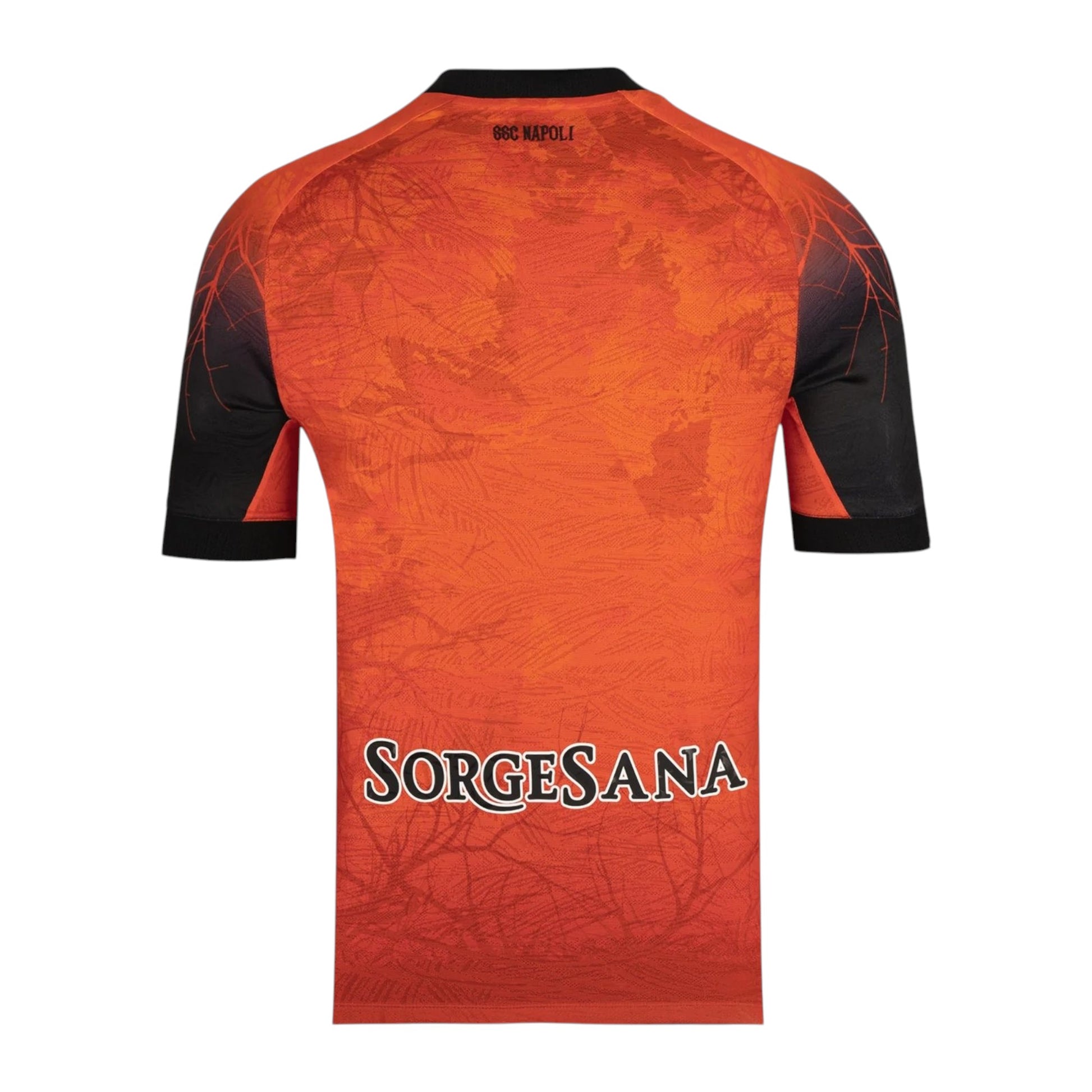 GOATkitz Napoli 2025-26 Halloween orange special edition jersey with black sleeves and a unique graphic pattern. Features Sorgesana logo.