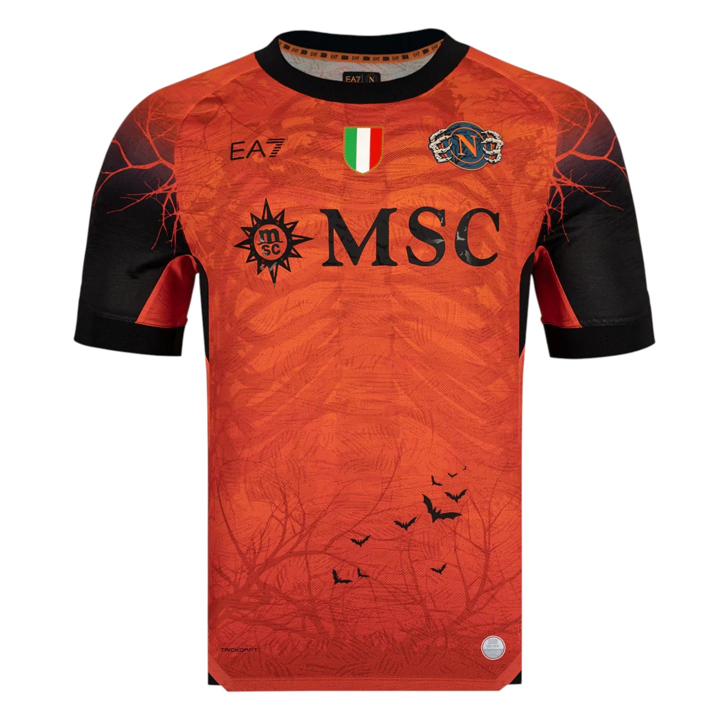 GOATkitz Napoli 2025-26 Halloween orange special edition soccer jersey with black sleeves and bat graphics.