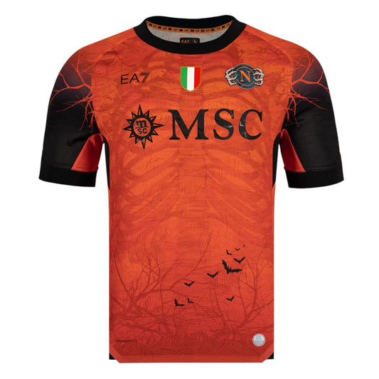 GOATkitz Napoli 2025-26 Halloween orange special edition soccer jersey with black sleeves and bat graphics.