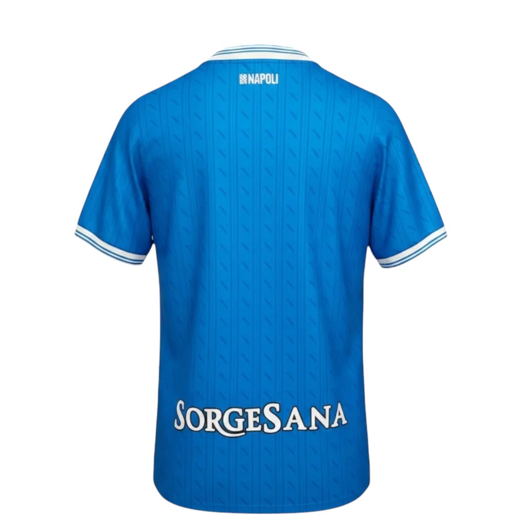 GOATkitz Napoli 2025-26 adult home jersey in bright blue with white trim on collar and sleeves. Features subtle vertical pattern and sponsor logo.