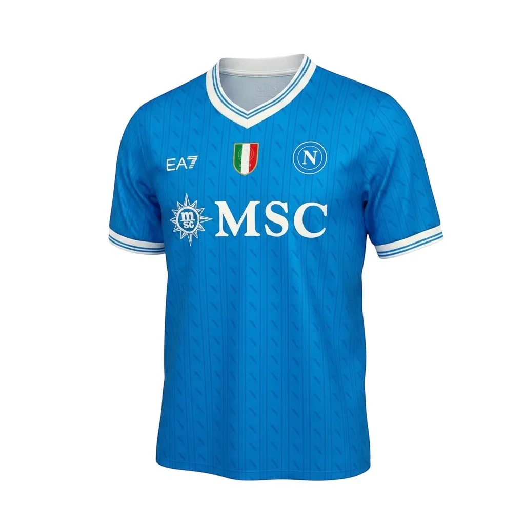 GOATkitz Napoli 2025-26 adult home jersey in bright blue with white trim, featuring team crest and sponsor logos.