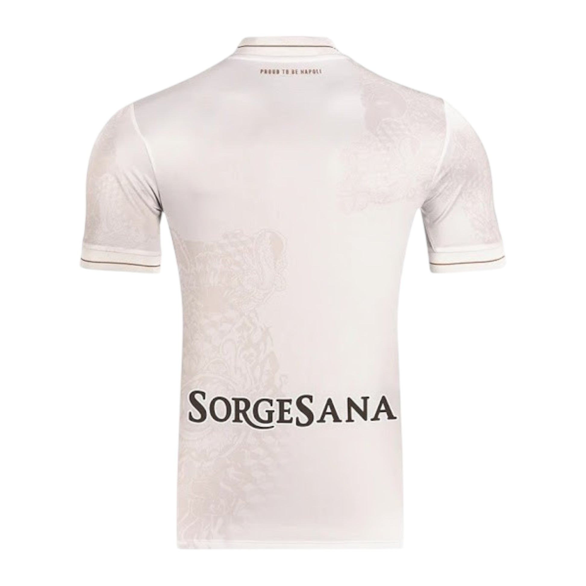 GOATkitz white Napoli 2025-26 kids away jersey with subtle embossed pattern and brown trim.