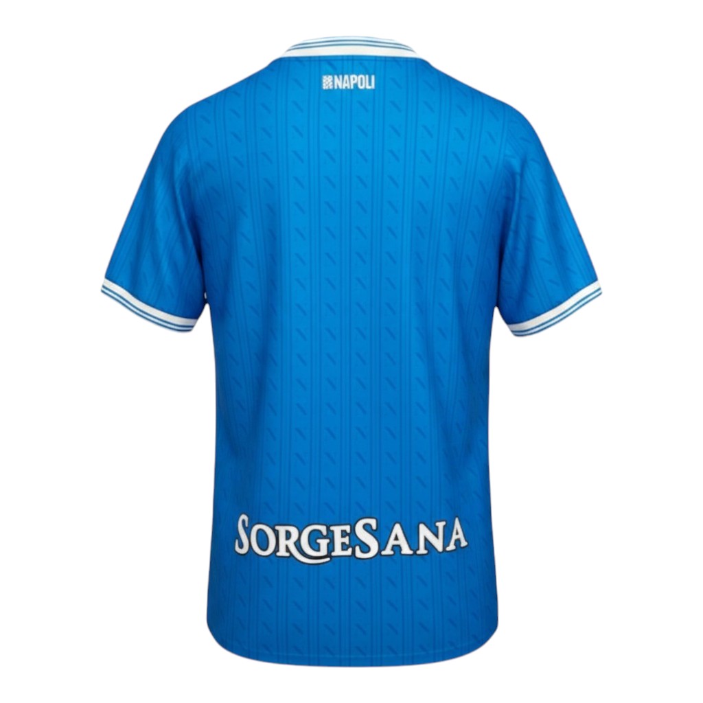 GOATkitz Napoli 2025-26 kids home jersey in blue with white trim on collar and sleeves. Features subtle vertical stripe pattern and 'Sorgensana' text on back.