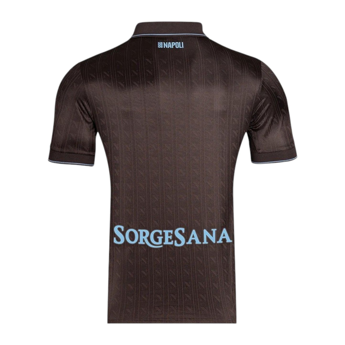 GOATkitz Napoli 2025-26 adult third jersey, brown with light blue trim and 'Sorgasana' text on the back.