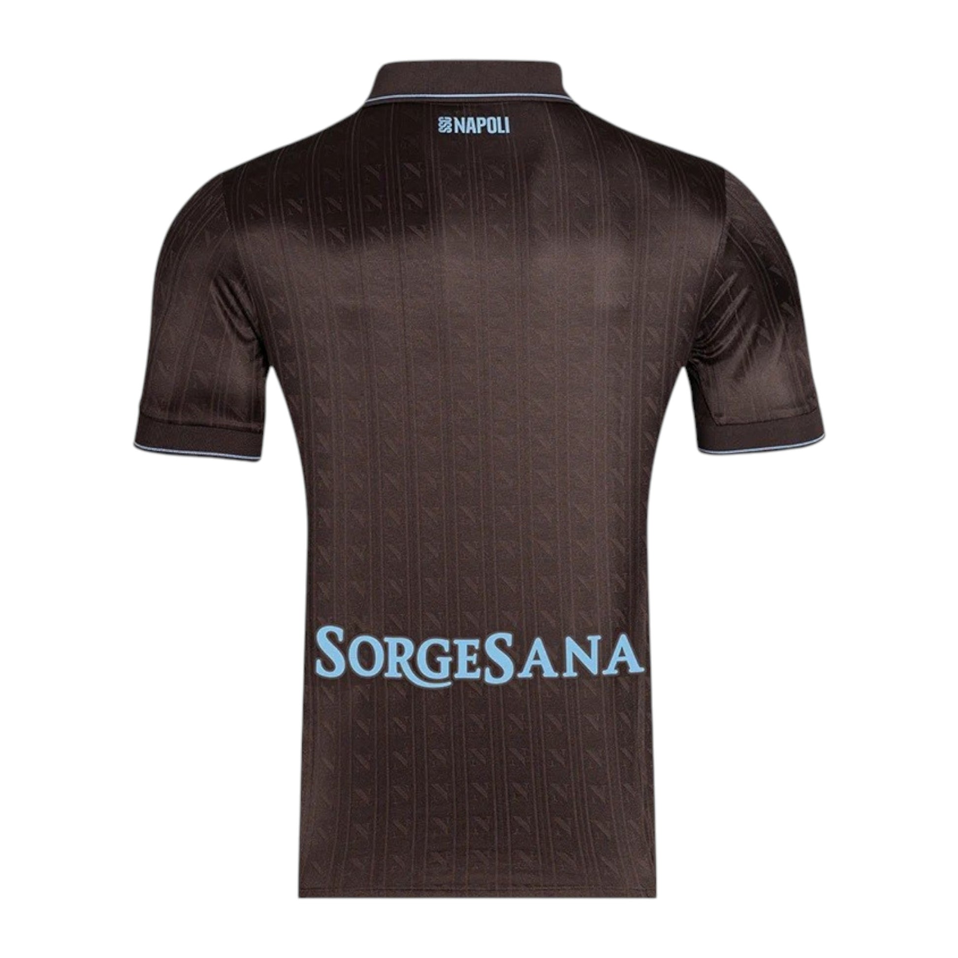 GOATkitz Napoli 2025-26 adult third jersey, brown with light blue trim and 'Sorgasana' text on the back.