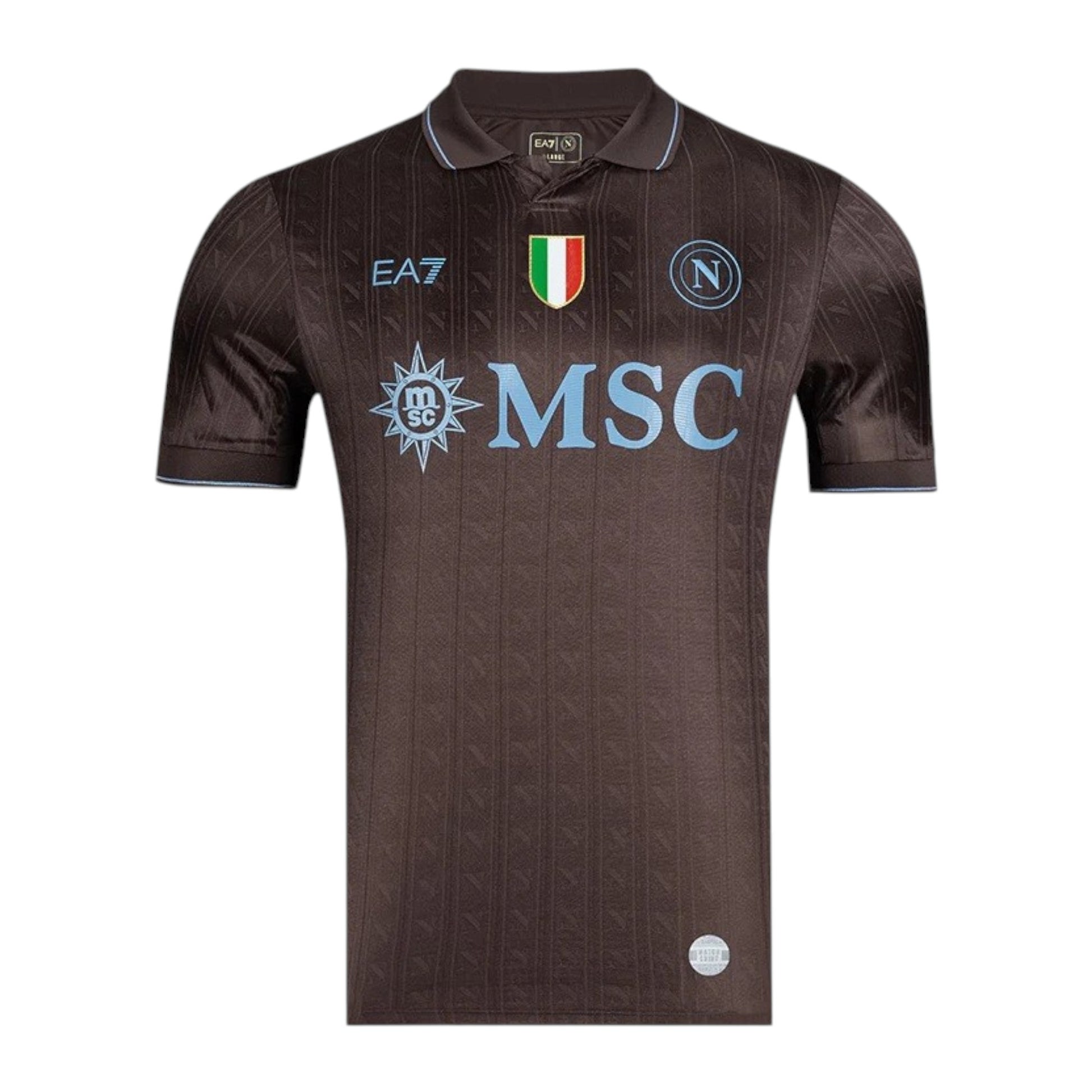 GOATkitz Napoli 2025-26 adult third jersey in dark brown with light blue accents and crest. Features EA7 and MSC logos.