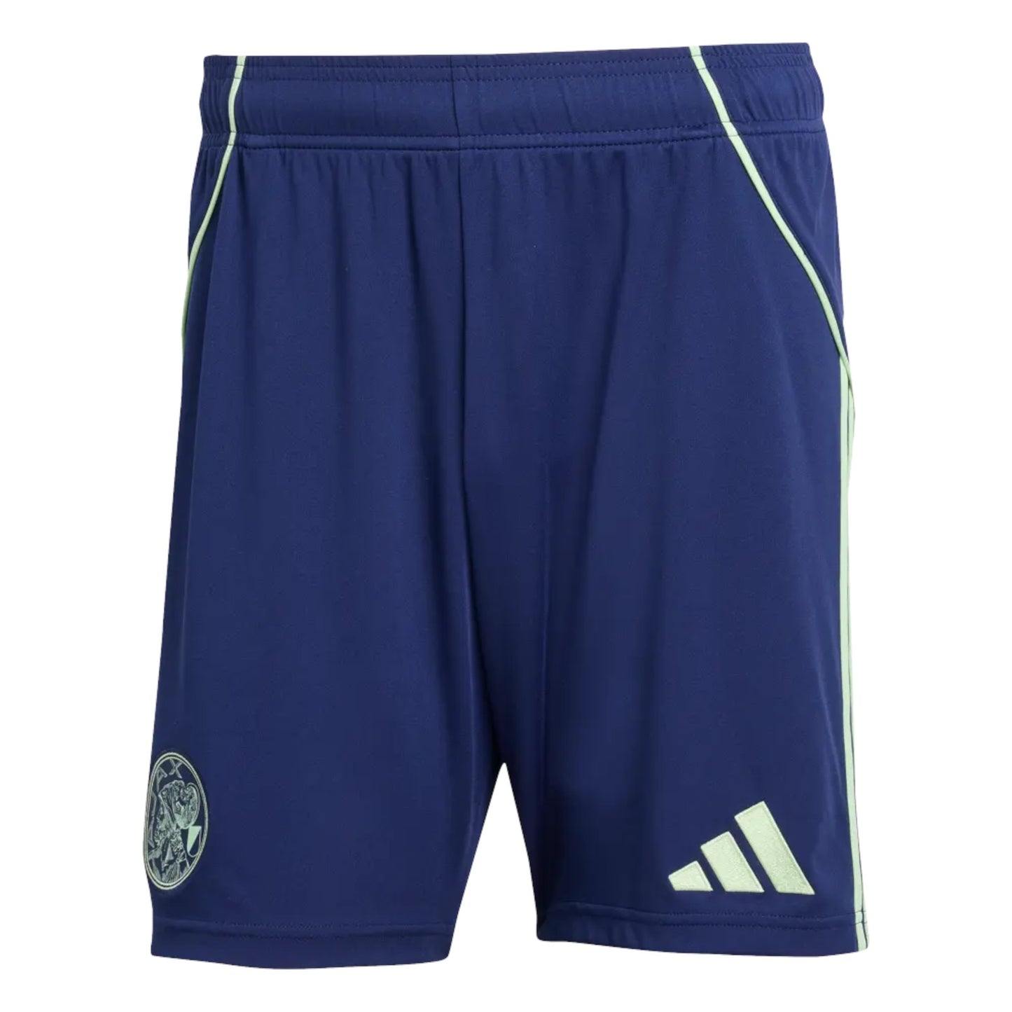 GOATkitz navy blue kids' soccer shorts with light green trim and Ajax crest. Customizable for young fans.