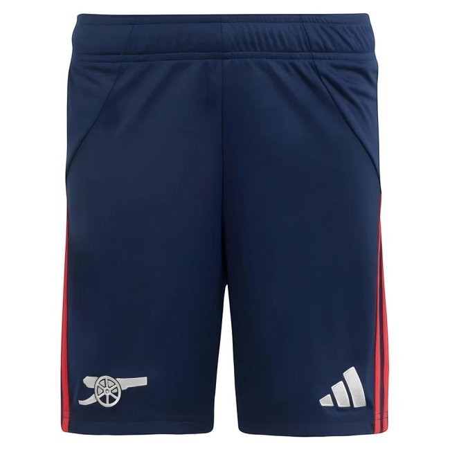GOATkitz navy blue kids' football shorts with red side stripes and Arsenal cannon logo.